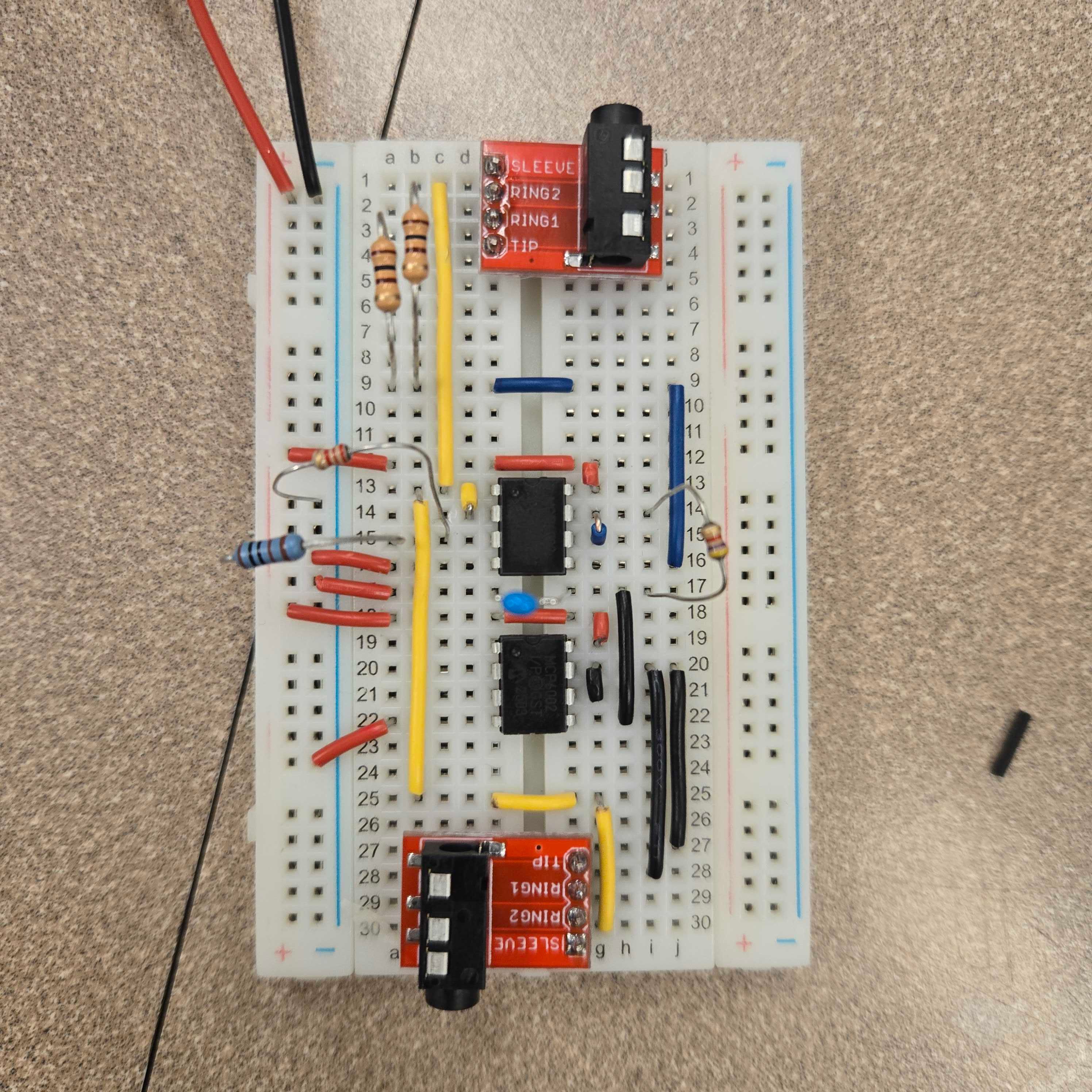 The circuit roughly laid out on a non-solderable bread board