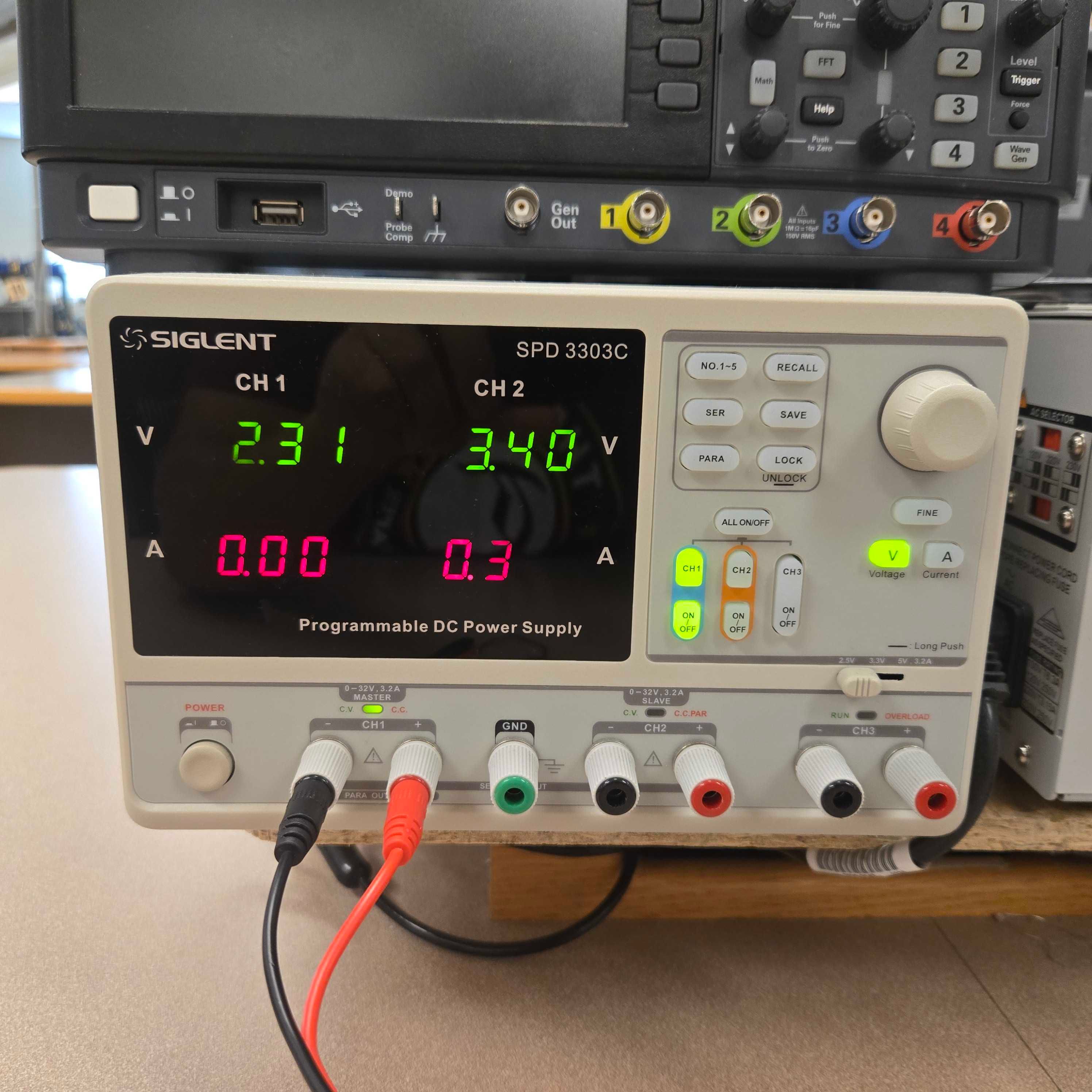 PSU with leads connected, turned on